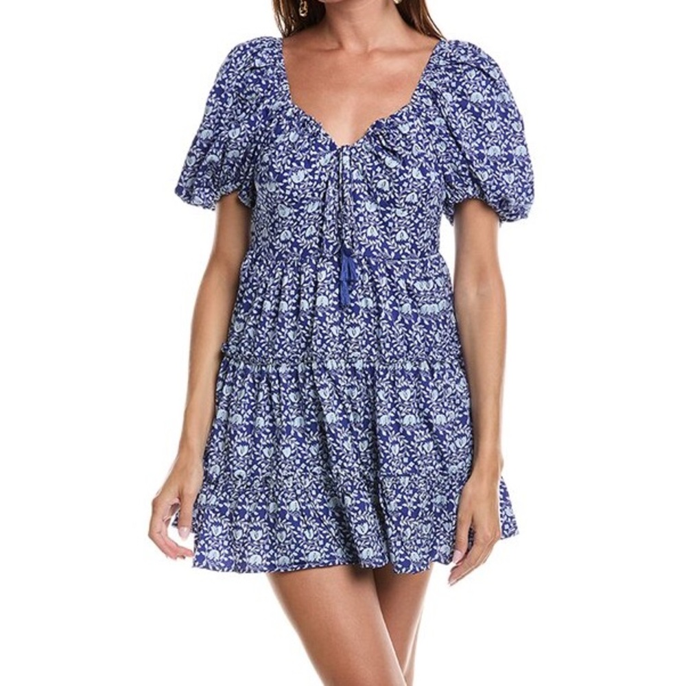Zara Navy and White Floral Smocked Tie-Front Blouse